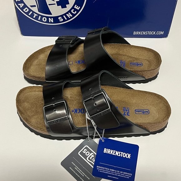 BIRKENSTOCK Arizona Soft Footbed Leather Sandals Metallic Anthracite Size 37 M N - Picture 7 of 12